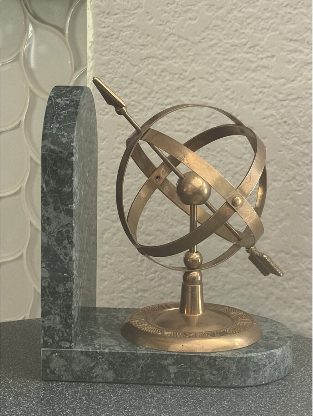Vintage Rare Globe Armillary Astrolabe Green Marble Brass Sundial Bookend